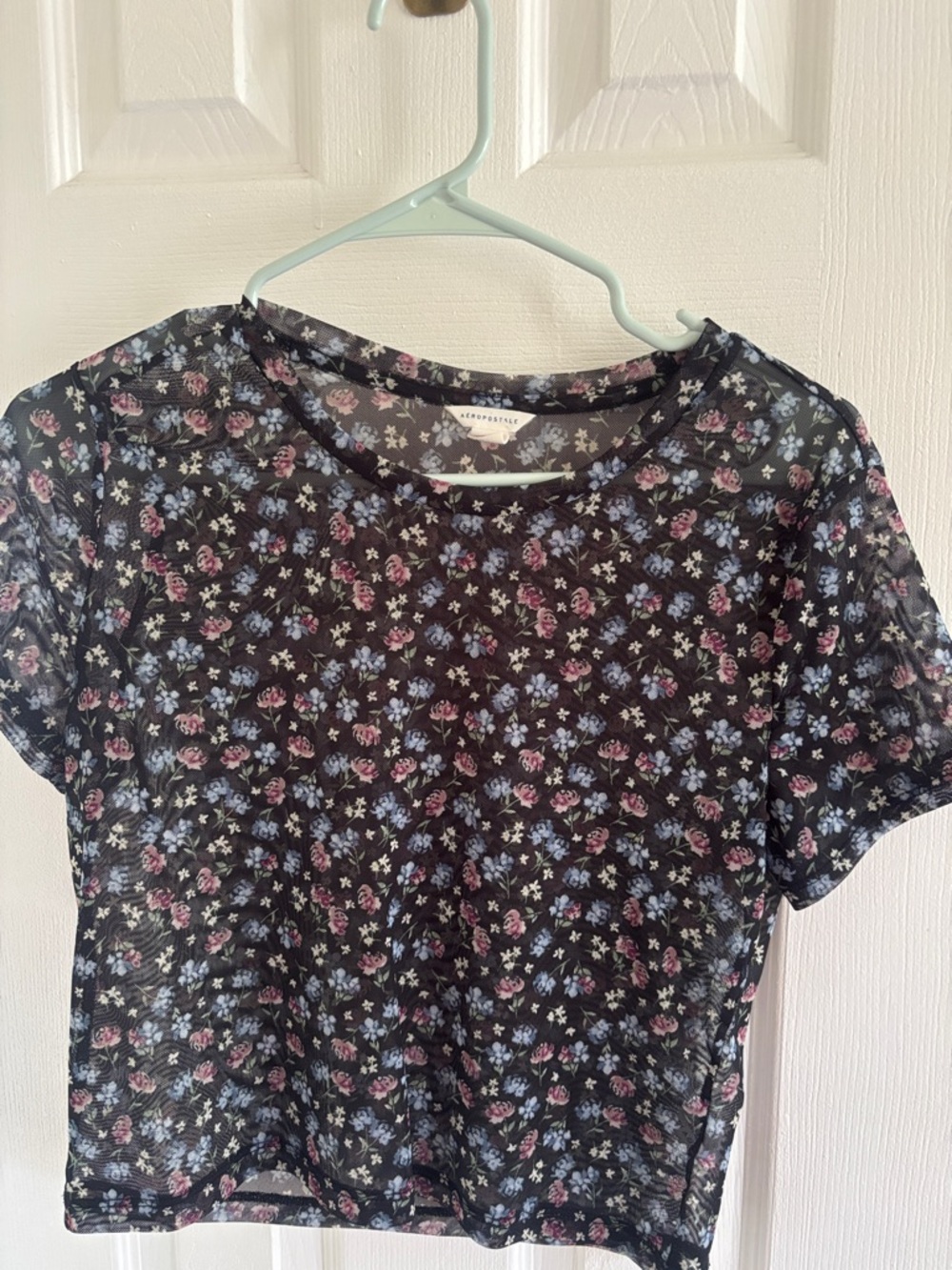 Aeropostale Black Floral Mesh Short Sleeve Tee with Pink and Blue Flowers